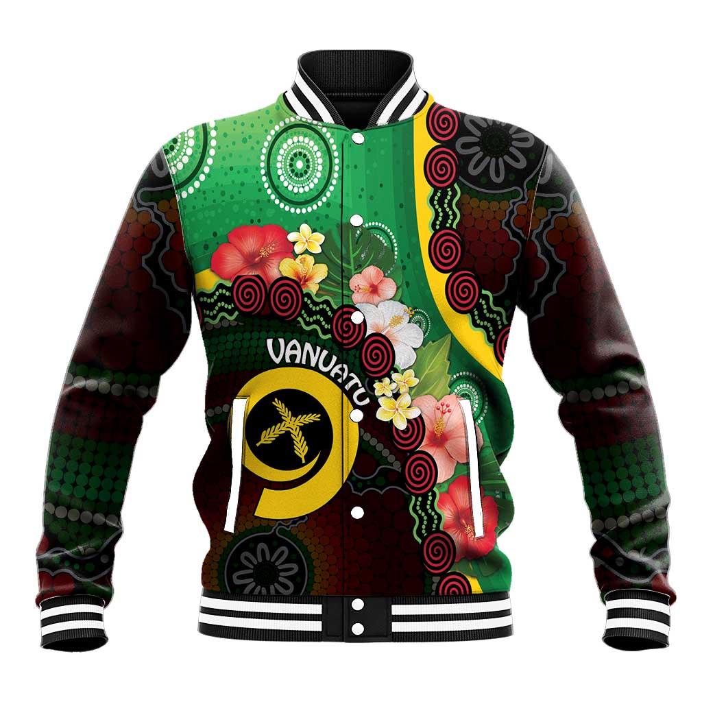 Long God Yumi Stanap Vanuatu Baseball Jacket Tropical Flowers Aboriginal Pattern LT14 Unisex Green - Polynesian Pride