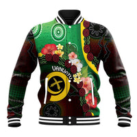 Long God Yumi Stanap Vanuatu Baseball Jacket Tropical Flowers Aboriginal Pattern LT14 Unisex Green - Polynesian Pride