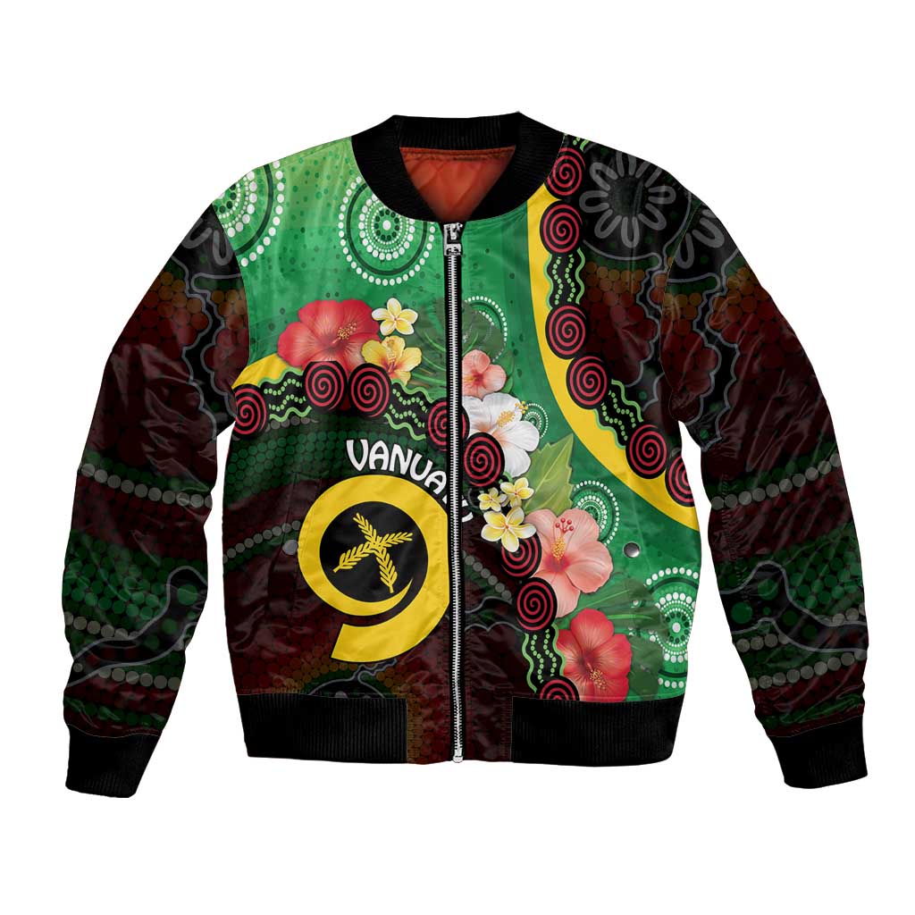 Long God Yumi Stanap Vanuatu Bomber Jacket Tropical Flowers Aboriginal Pattern LT14 Unisex Green - Polynesian Pride