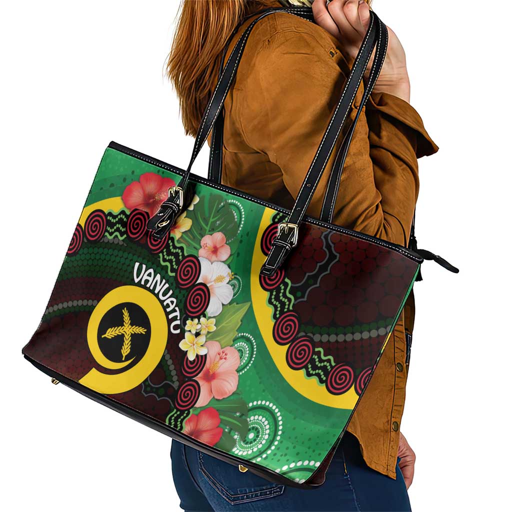 Long God Yumi Stanap Vanuatu Leather Tote Bag Tropical Flowers Aboriginal Pattern LT14 - Polynesian Pride