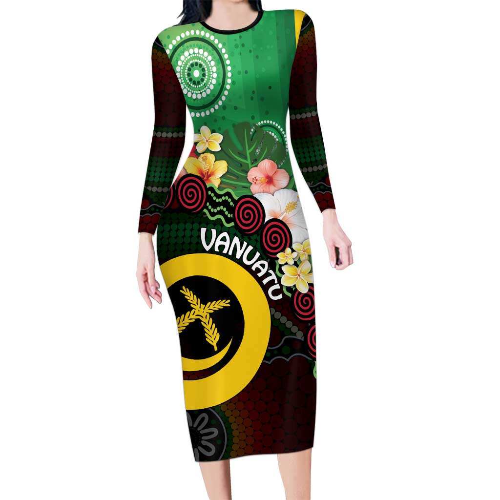 Long God Yumi Stanap Vanuatu Long Sleeve Bodycon Dress Tropical Flowers Aboriginal Pattern LT14 Long Dress Green - Polynesian Pride