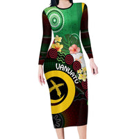 Long God Yumi Stanap Vanuatu Long Sleeve Bodycon Dress Tropical Flowers Aboriginal Pattern LT14 Long Dress Green - Polynesian Pride