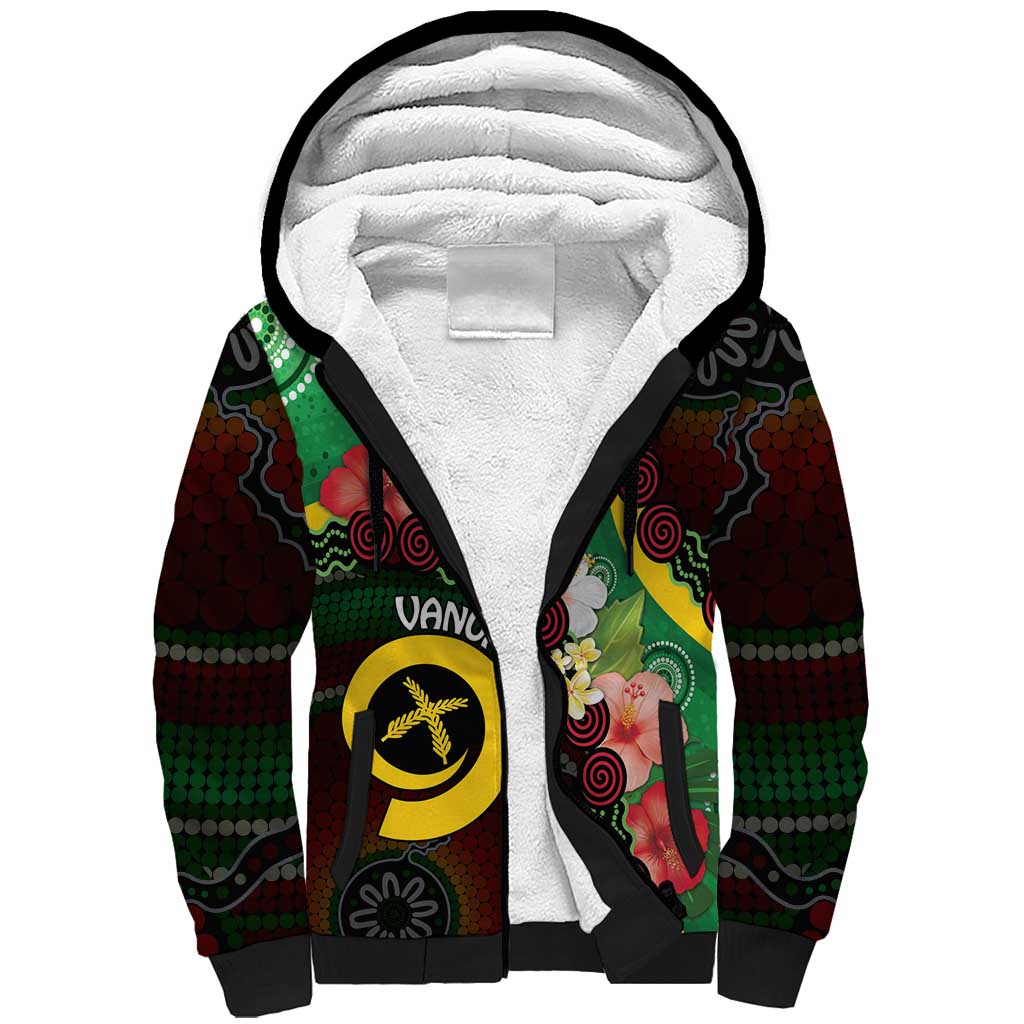 Long God Yumi Stanap Vanuatu Sherpa Hoodie Tropical Flowers Aboriginal Pattern LT14 Unisex Green - Polynesian Pride
