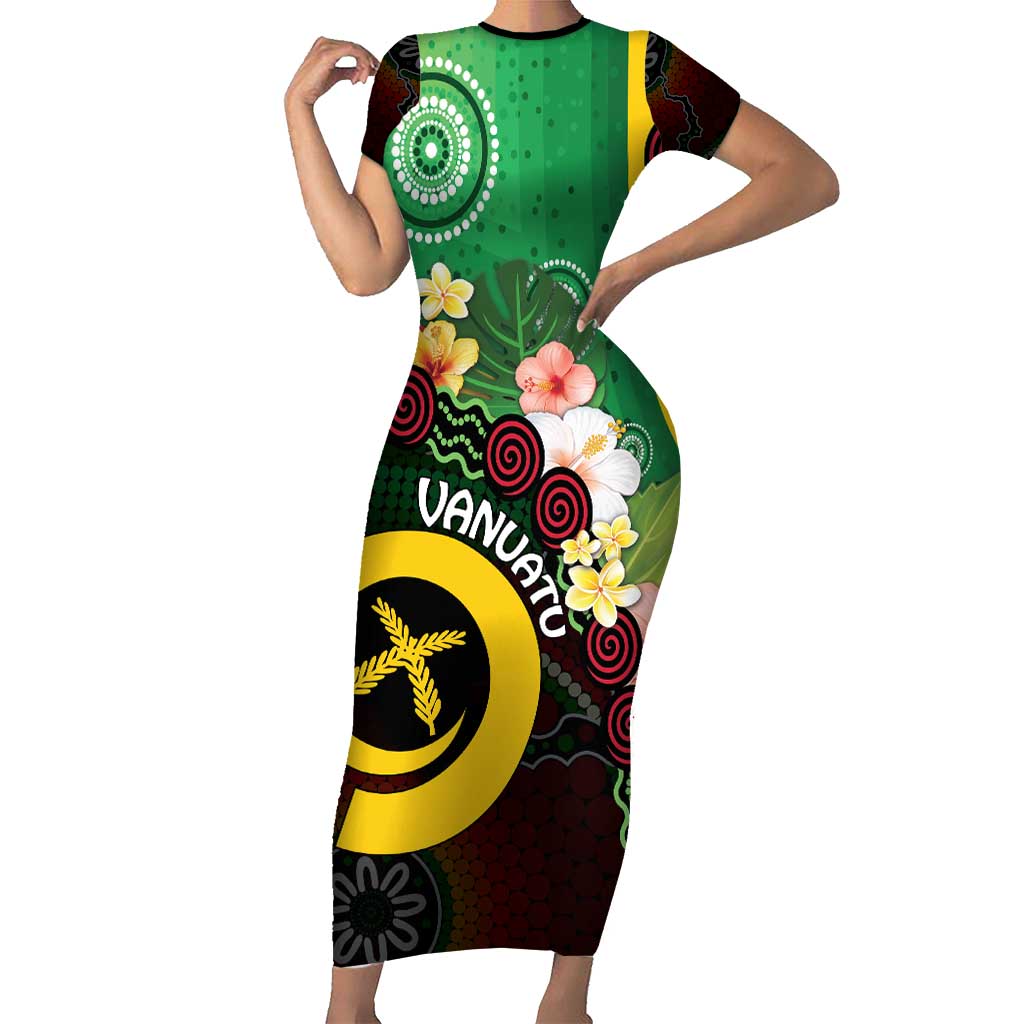 Long God Yumi Stanap Vanuatu Short Sleeve Bodycon Dress Tropical Flowers Aboriginal Pattern LT14 Long Dress Green - Polynesian Pride