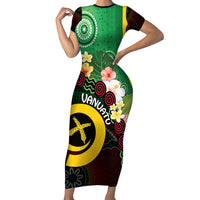 Long God Yumi Stanap Vanuatu Short Sleeve Bodycon Dress Tropical Flowers Aboriginal Pattern LT14 Long Dress Green - Polynesian Pride