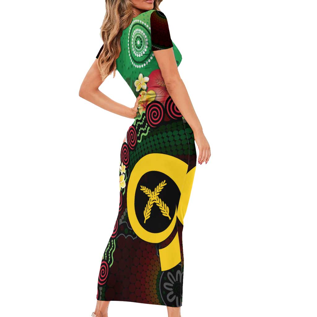 Long God Yumi Stanap Vanuatu Short Sleeve Bodycon Dress Tropical Flowers Aboriginal Pattern LT14 - Polynesian Pride