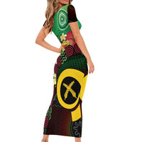 Long God Yumi Stanap Vanuatu Short Sleeve Bodycon Dress Tropical Flowers Aboriginal Pattern LT14 - Polynesian Pride