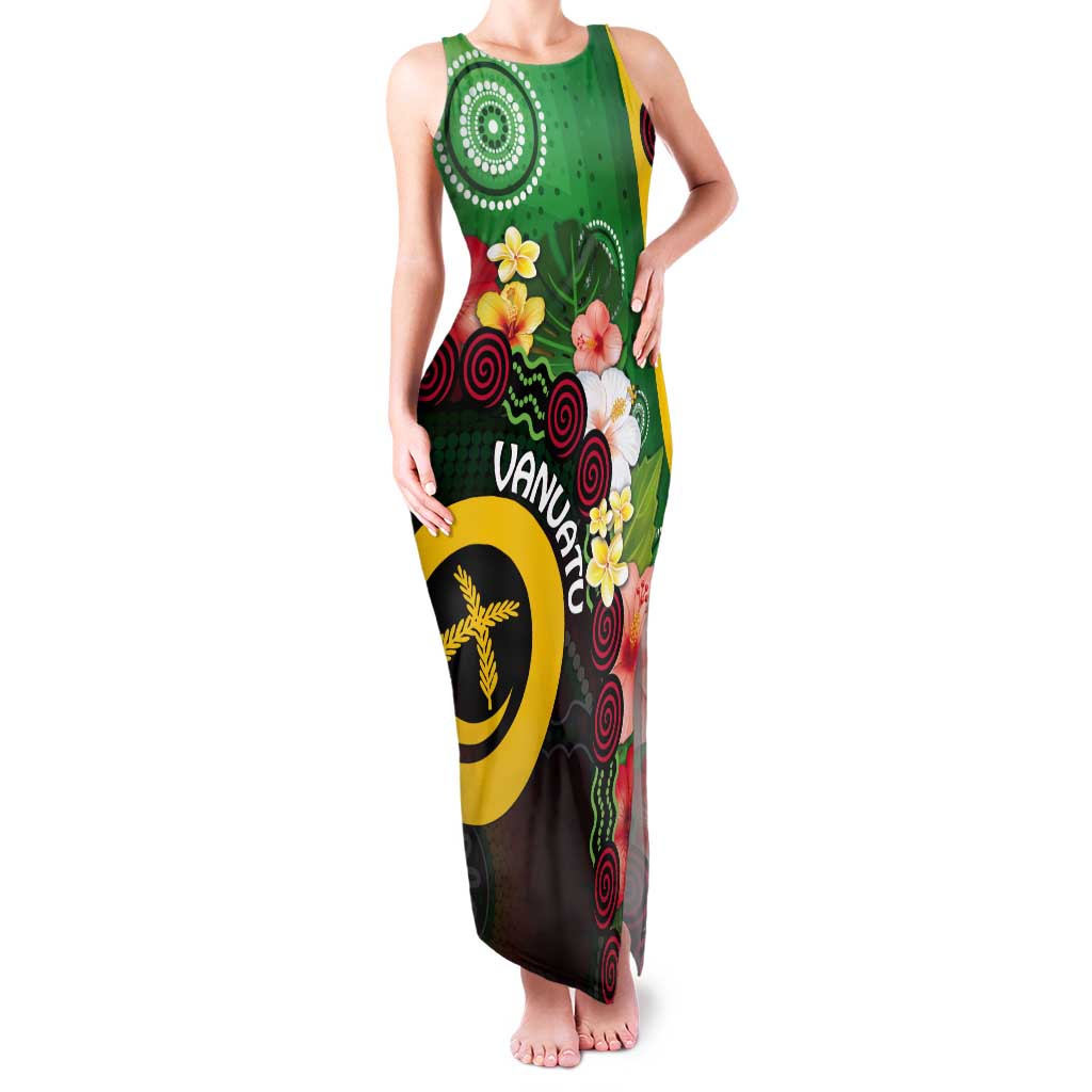 Long God Yumi Stanap Vanuatu Tank Maxi Dress Tropical Flowers Aboriginal Pattern LT14 Women Green - Polynesian Pride