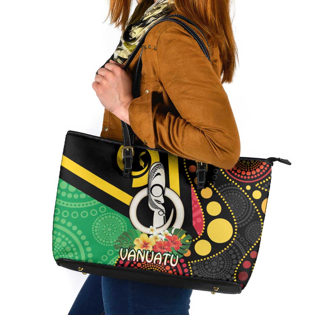 Tamtam Drum Vanuatu Leather Tote Bag Boar Tusk Aboriginal Flag Style LT14 Black - Polynesian Pride