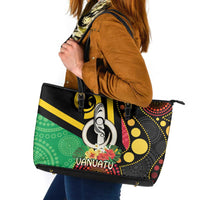 Tamtam Drum Vanuatu Leather Tote Bag Boar Tusk Aboriginal Flag Style LT14 Black - Polynesian Pride