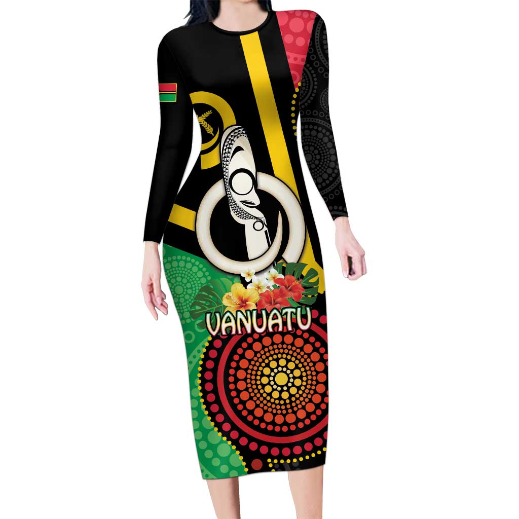 Tamtam Drum Vanuatu Long Sleeve Bodycon Dress Boar Tusk Aboriginal Flag Style LT14 Long Dress Black - Polynesian Pride