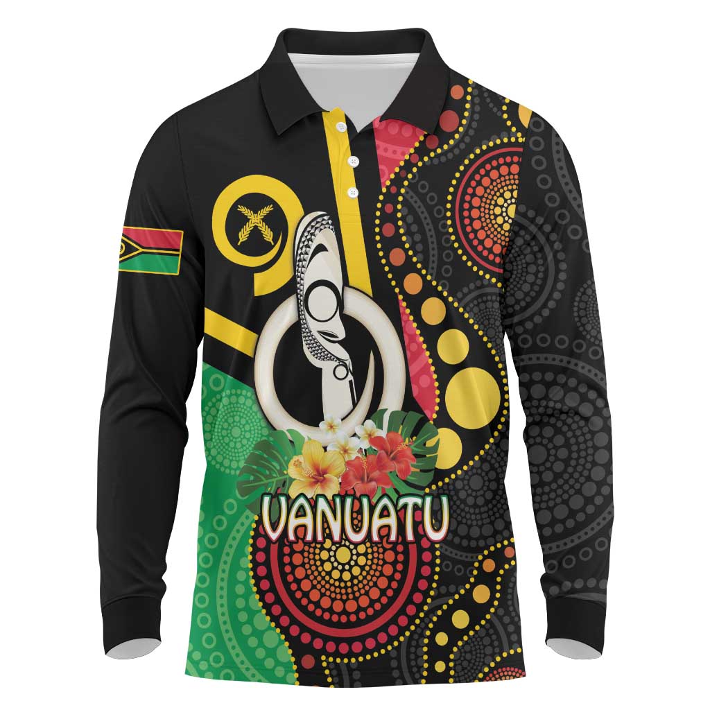 Tamtam Drum Vanuatu Long Sleeve Polo Shirt Boar Tusk Aboriginal Flag Style LT14 Black - Polynesian Pride