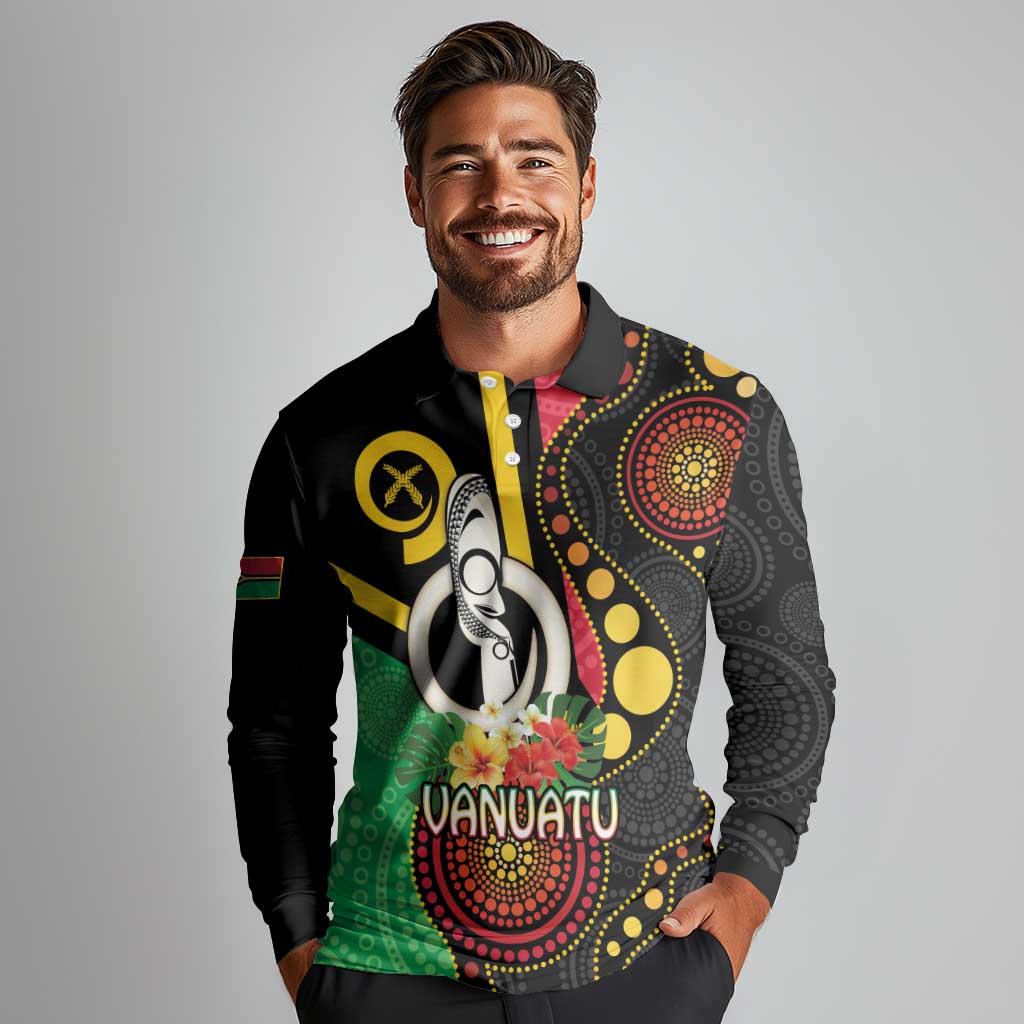 Tamtam Drum Vanuatu Long Sleeve Polo Shirt Boar Tusk Aboriginal Flag Style LT14 - Polynesian Pride