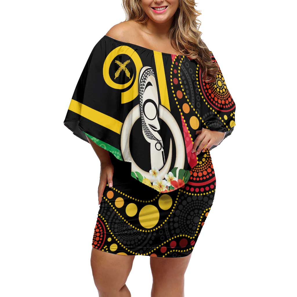 Tamtam Drum Vanuatu Off Shoulder Short Dress Boar Tusk Aboriginal Flag Style LT14 Women Black - Polynesian Pride