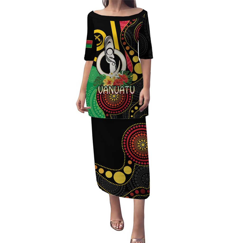 Tamtam Drum Vanuatu Puletasi Boar Tusk Aboriginal Flag Style LT14 Long Dress Black - Polynesian Pride