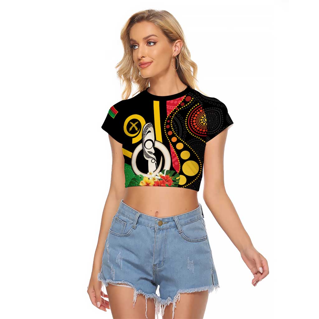 Tamtam Drum Vanuatu Raglan Cropped T Shirt Boar Tusk Aboriginal Flag Style LT14 Female Black - Polynesian Pride