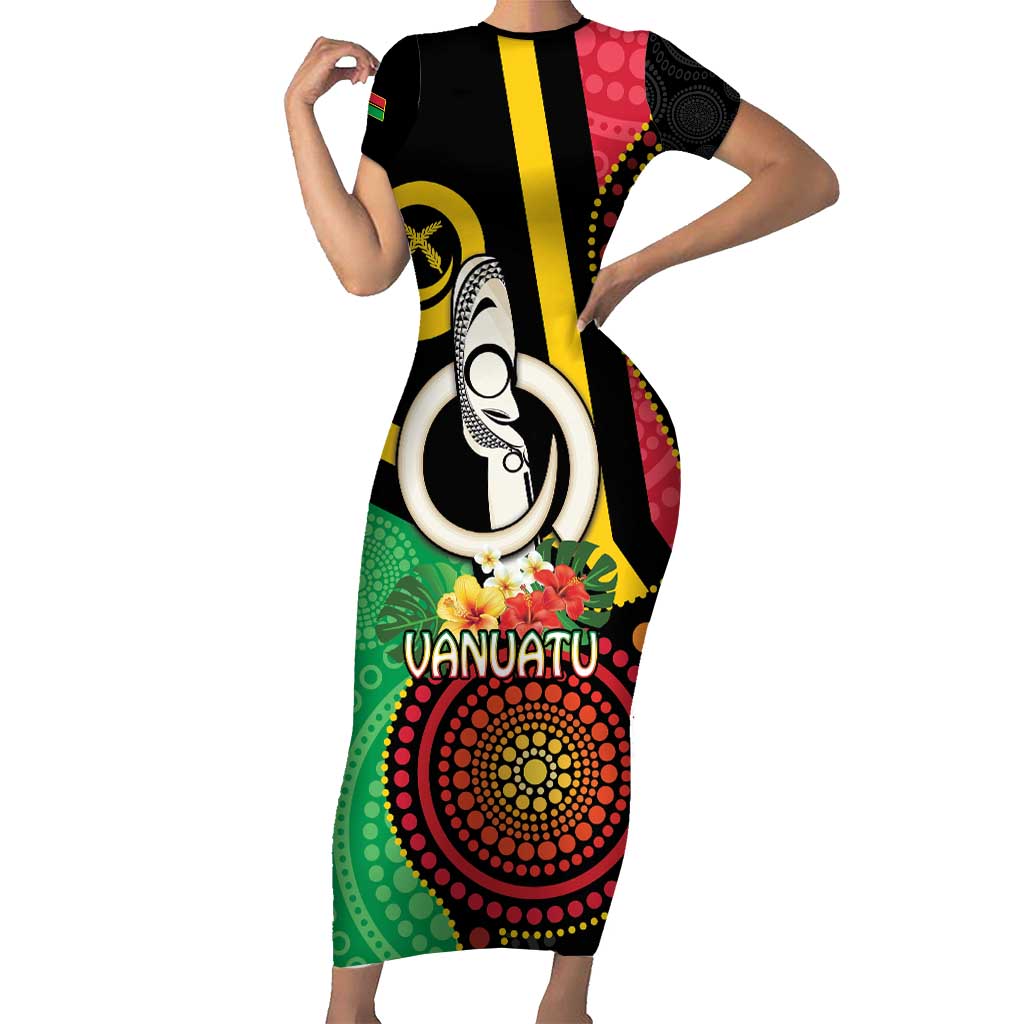 Tamtam Drum Vanuatu Short Sleeve Bodycon Dress Boar Tusk Aboriginal Flag Style LT14 Long Dress Black - Polynesian Pride