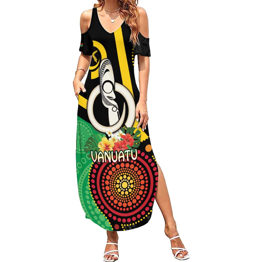 Tamtam Drum Vanuatu Summer Maxi Dress Boar Tusk Aboriginal Flag Style LT14 Women Black - Polynesian Pride