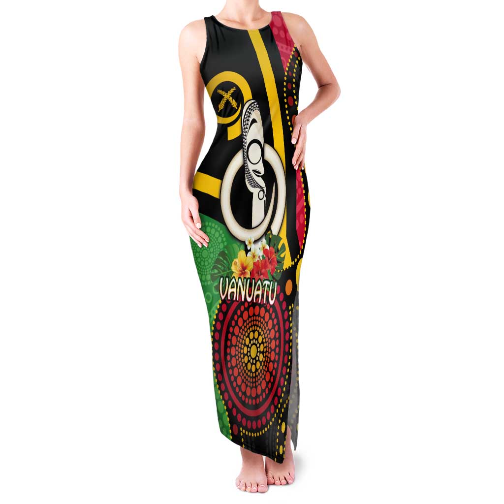 Tamtam Drum Vanuatu Tank Maxi Dress Boar Tusk Aboriginal Flag Style LT14 Women Black - Polynesian Pride