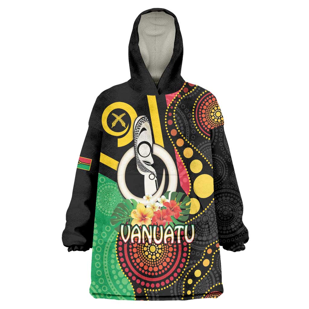 Tamtam Drum Vanuatu Wearable Blanket Hoodie Boar Tusk Aboriginal Flag Style LT14 One Size Black - Polynesian Pride