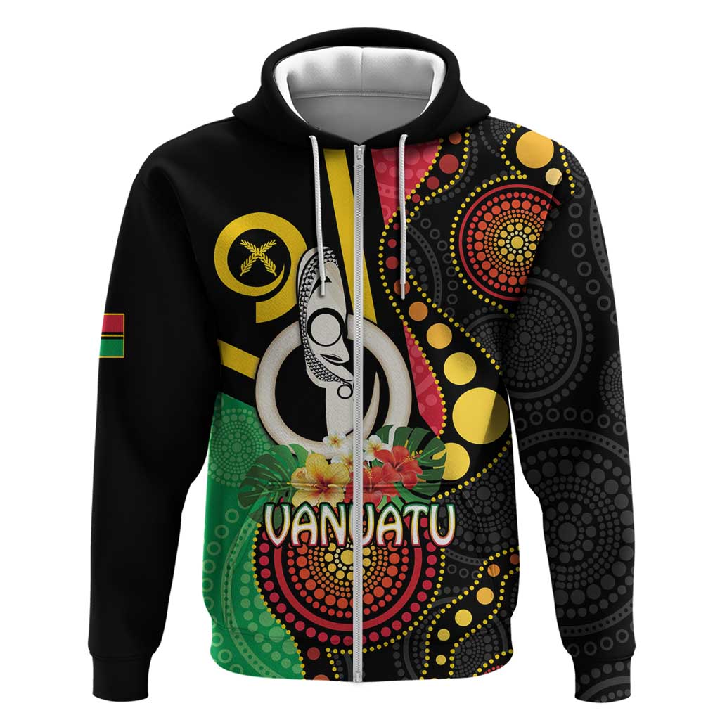 Tamtam Drum Vanuatu Zip Hoodie Boar Tusk Aboriginal Flag Style LT14 Zip Hoodie Black - Polynesian Pride