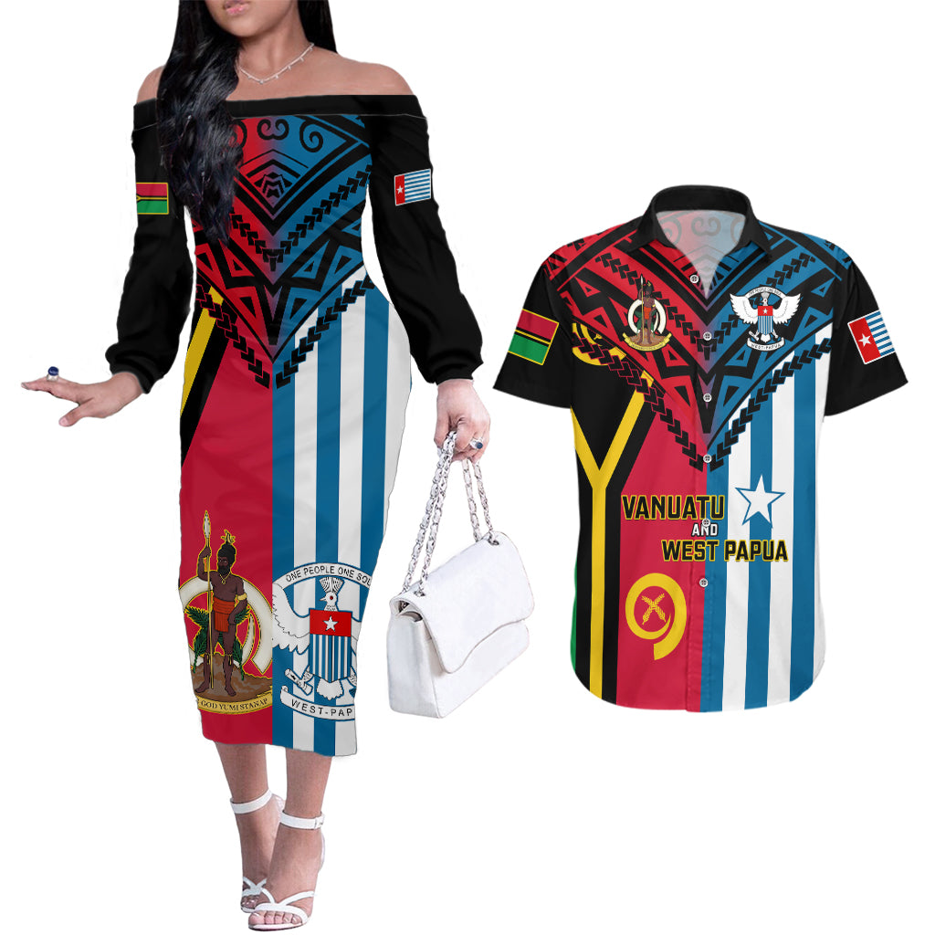 Vanuatu And West Papua Couples Matching Off The Shoulder Long Sleeve Dress and Hawaiian Shirt Coat Of Arms Mix Flag Style LT14 Black - Polynesian Pride