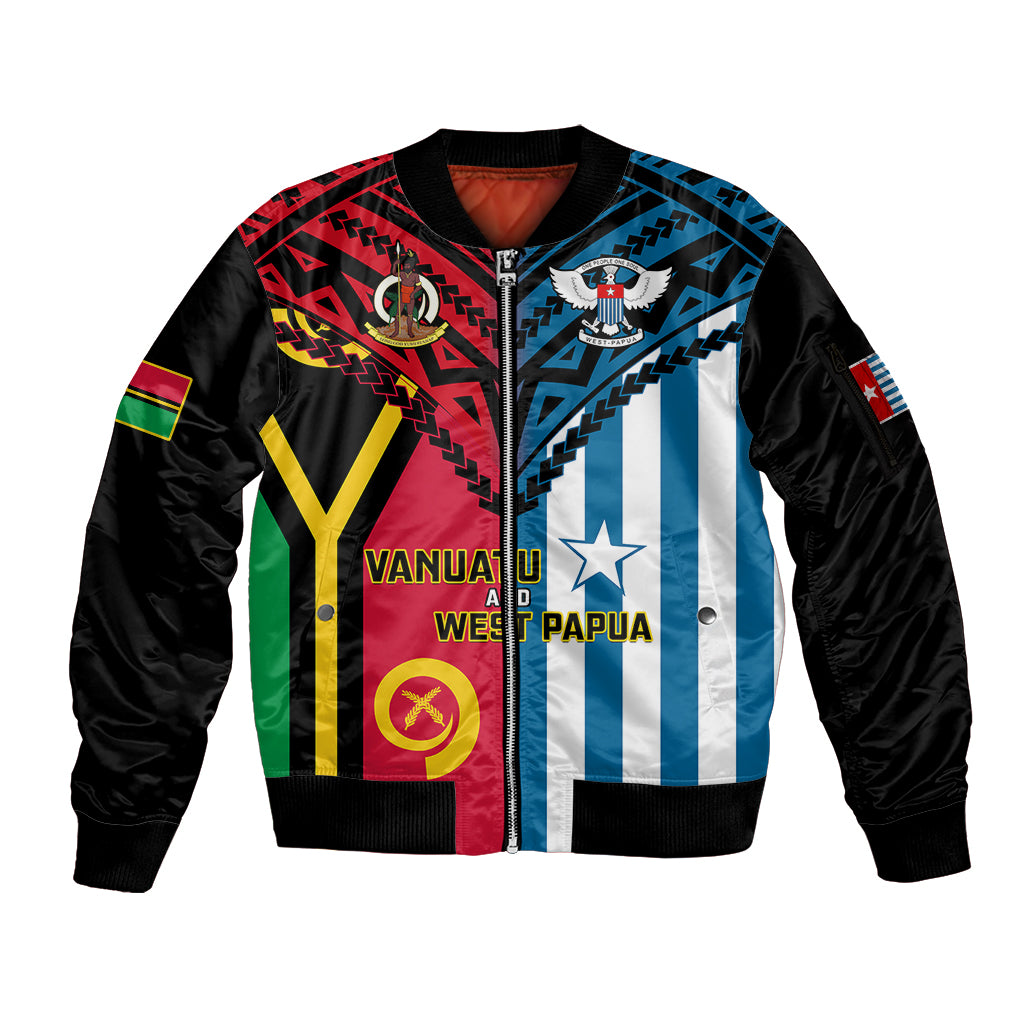 Vanuatu And West Papua Sleeve Zip Bomber Jacket Coat Of Arms Mix Flag Style LT14 Unisex Black - Polynesian Pride