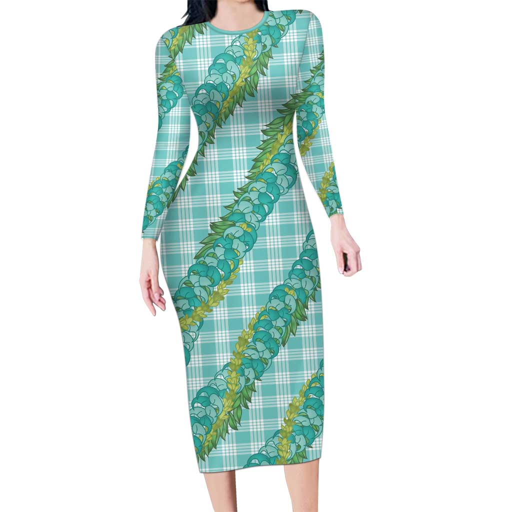 Hawaii Jade Vine Lei Long Sleeve Bodycon Dress Aloha Palaka Motif - Turquoise LT14 Long Dress Turquoise - Polynesian Pride