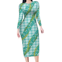 Hawaii Jade Vine Lei Long Sleeve Bodycon Dress Aloha Palaka Motif - Turquoise LT14 Long Dress Turquoise - Polynesian Pride