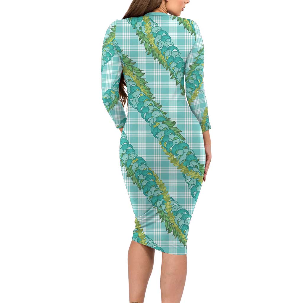Hawaii Jade Vine Lei Long Sleeve Bodycon Dress Aloha Palaka Motif - Turquoise LT14 - Polynesian Pride