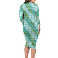 Hawaii Jade Vine Lei Long Sleeve Bodycon Dress Aloha Palaka Motif - Turquoise LT14 - Polynesian Pride