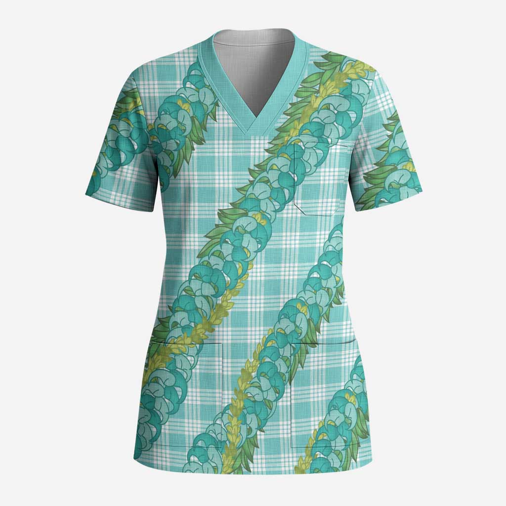Hawaii Jade Vine Lei Scrub Top Aloha Palaka Motif - Turquoise LT14 Adult Turquoise - Polynesian Pride