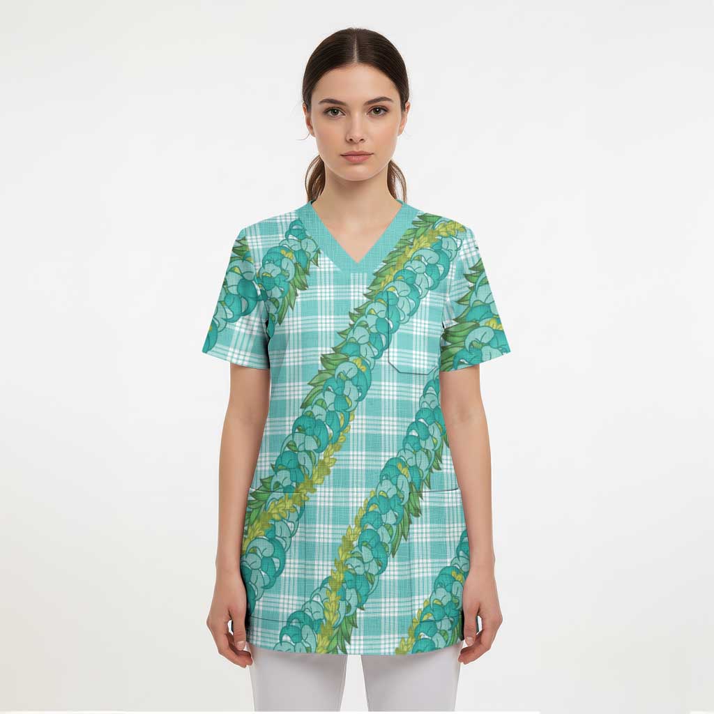 Hawaii Jade Vine Lei Scrub Top Aloha Palaka Motif - Turquoise LT14 - Polynesian Pride