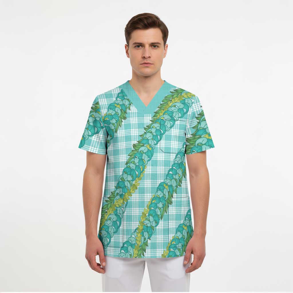 Hawaii Jade Vine Lei Scrub Top Aloha Palaka Motif - Turquoise LT14 - Polynesian Pride