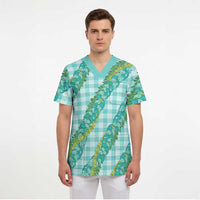 Hawaii Jade Vine Lei Scrub Top Aloha Palaka Motif - Turquoise LT14 - Polynesian Pride