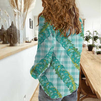 Hawaii Jade Vine Lei Women Casual Shirt Aloha Palaka Motif - Turquoise LT14 - Polynesian Pride