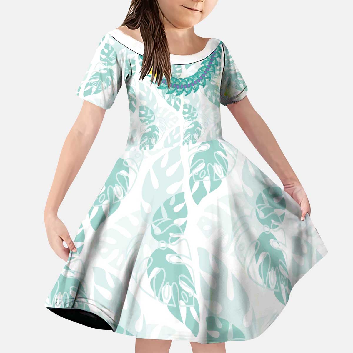 Jade Vine Lei Hawaii Kid Short Sleeve Dress Aloha Seamless Tropical Leaves LT14 KID White - Polynesian Pride