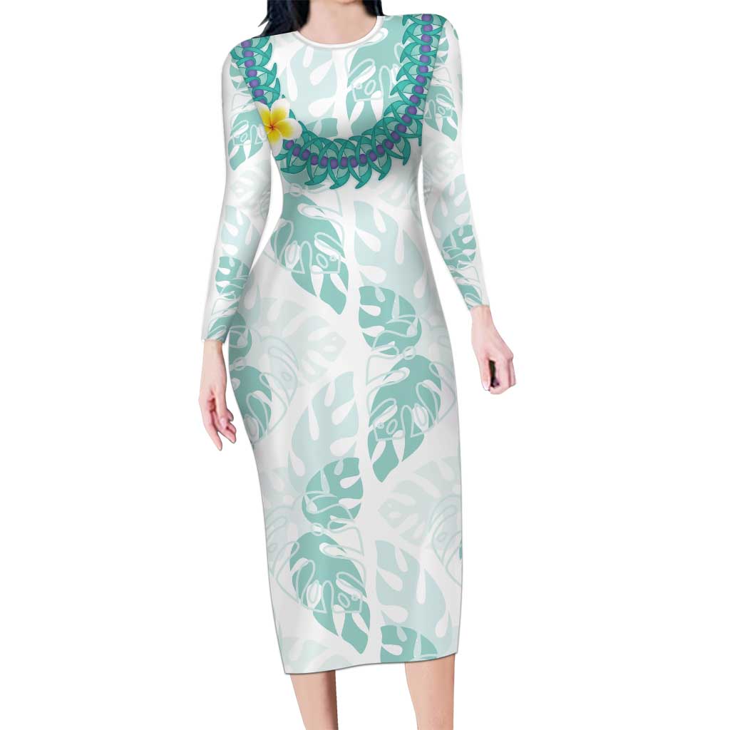 Jade Vine Lei Hawaii Long Sleeve Bodycon Dress Aloha Seamless Tropical Leaves LT14 Long Dress White - Polynesian Pride