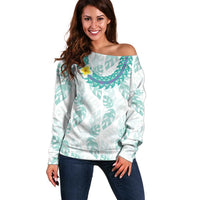 Jade Vine Lei Hawaii Off Shoulder Sweater Aloha Seamless Tropical Leaves LT14 Women White - Polynesian Pride