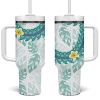 Jade Vine Lei Hawaii Tumbler With Handle Aloha Seamless Tropical Leaves LT14 One Size: 40 oz White - Polynesian Pride