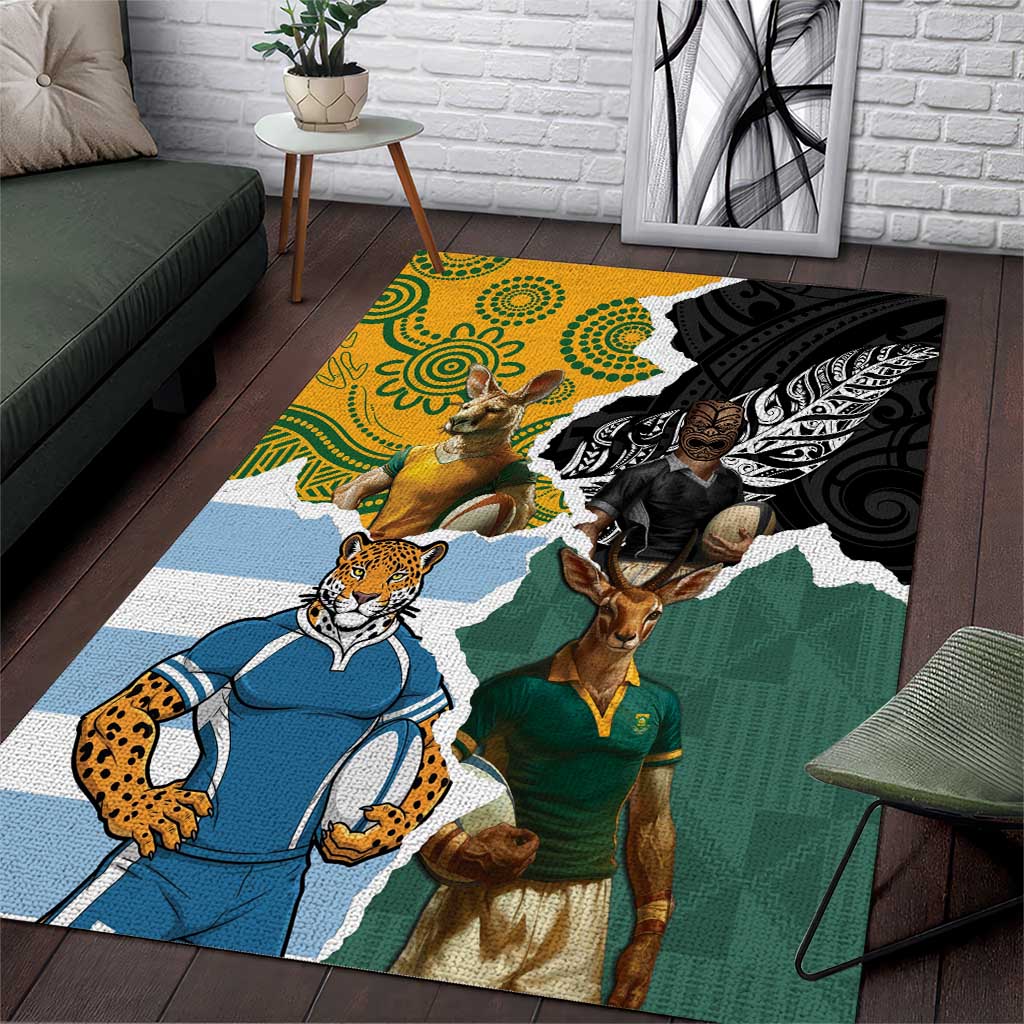 Rugby 2025 Championship Area Rug Southern Hemisphere Countries Mascots LT14 Black - Polynesian Pride