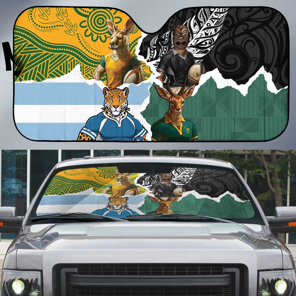 Rugby 2025 Championship Auto Sun Shade Southern Hemisphere Countries Mascots LT14 Black - Polynesian Pride