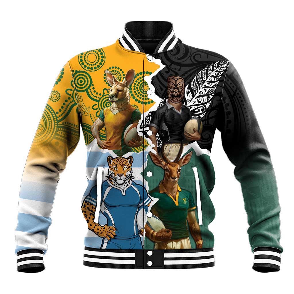 Personalised Rugby 2025 Championship Baseball Jacket Southern Hemisphere Countries Mascots LT14 Unisex Black - Polynesian Pride