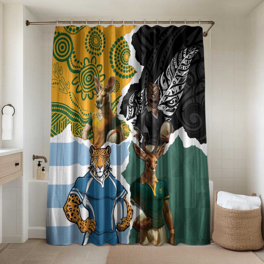 Rugby 2025 Championship Bathroom Set Southern Hemisphere Countries Mascots LT14 Shower Curtain Only Black - Polynesian Pride