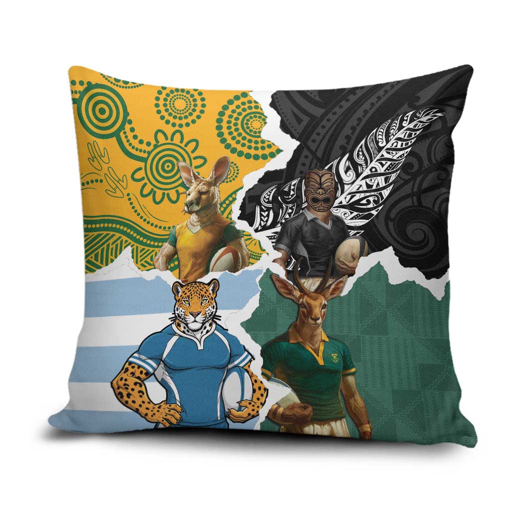 Rugby 2025 Championship Pillow Cover Southern Hemisphere Countries Mascots LT14 Black - Polynesian Pride