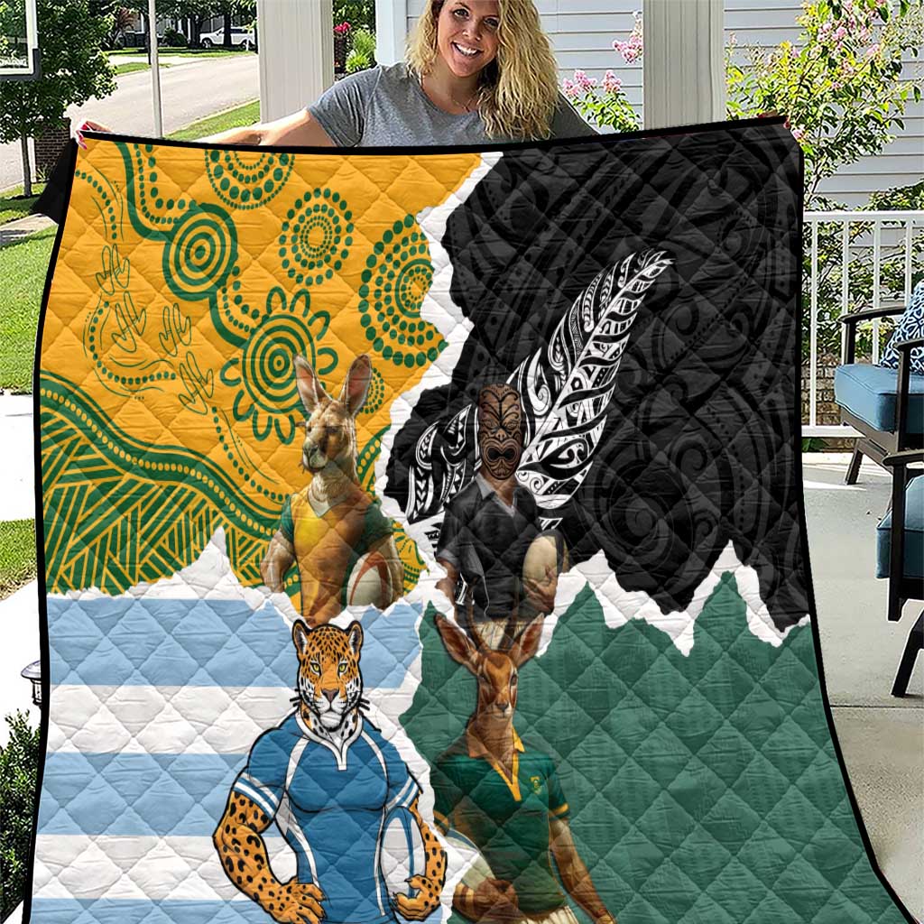 Rugby 2025 Championship Quilt Southern Hemisphere Countries Mascots LT14 Black - Polynesian Pride