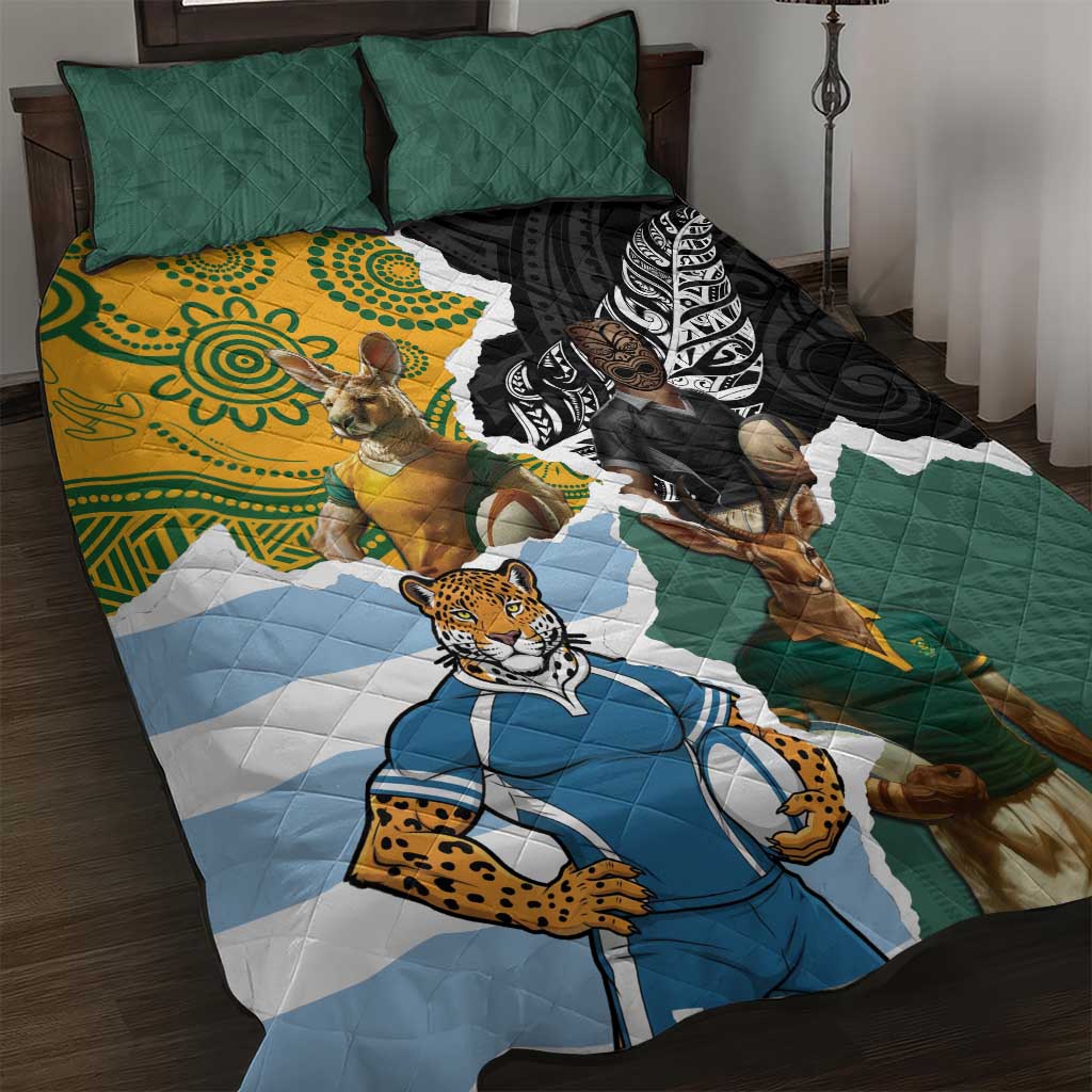 Rugby 2025 Championship Quilt Bed Set Southern Hemisphere Countries Mascots LT14 Black - Polynesian Pride