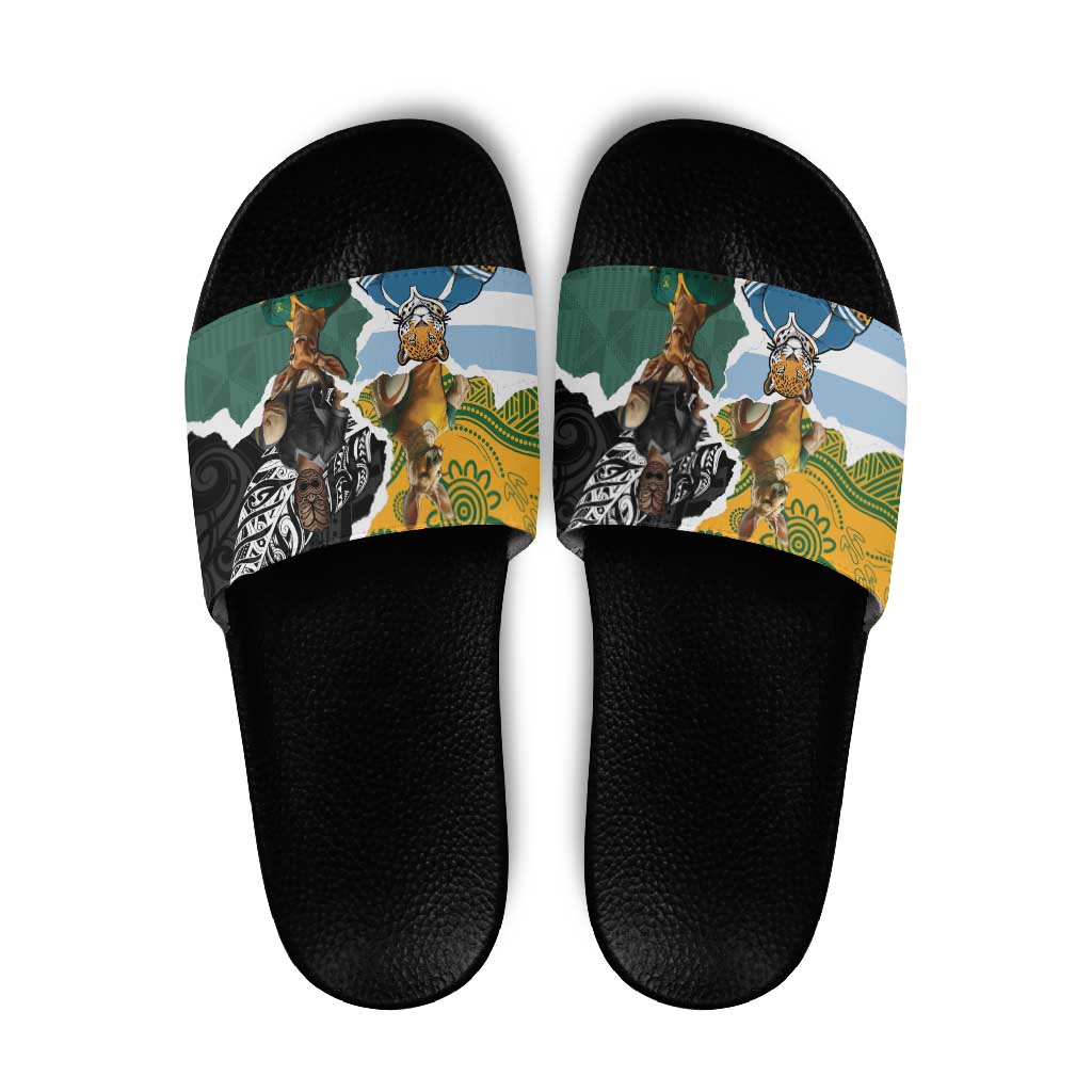 Rugby 2025 Championship Slide Sandals Southern Hemisphere Countries Mascots LT14 Black - Polynesian Pride