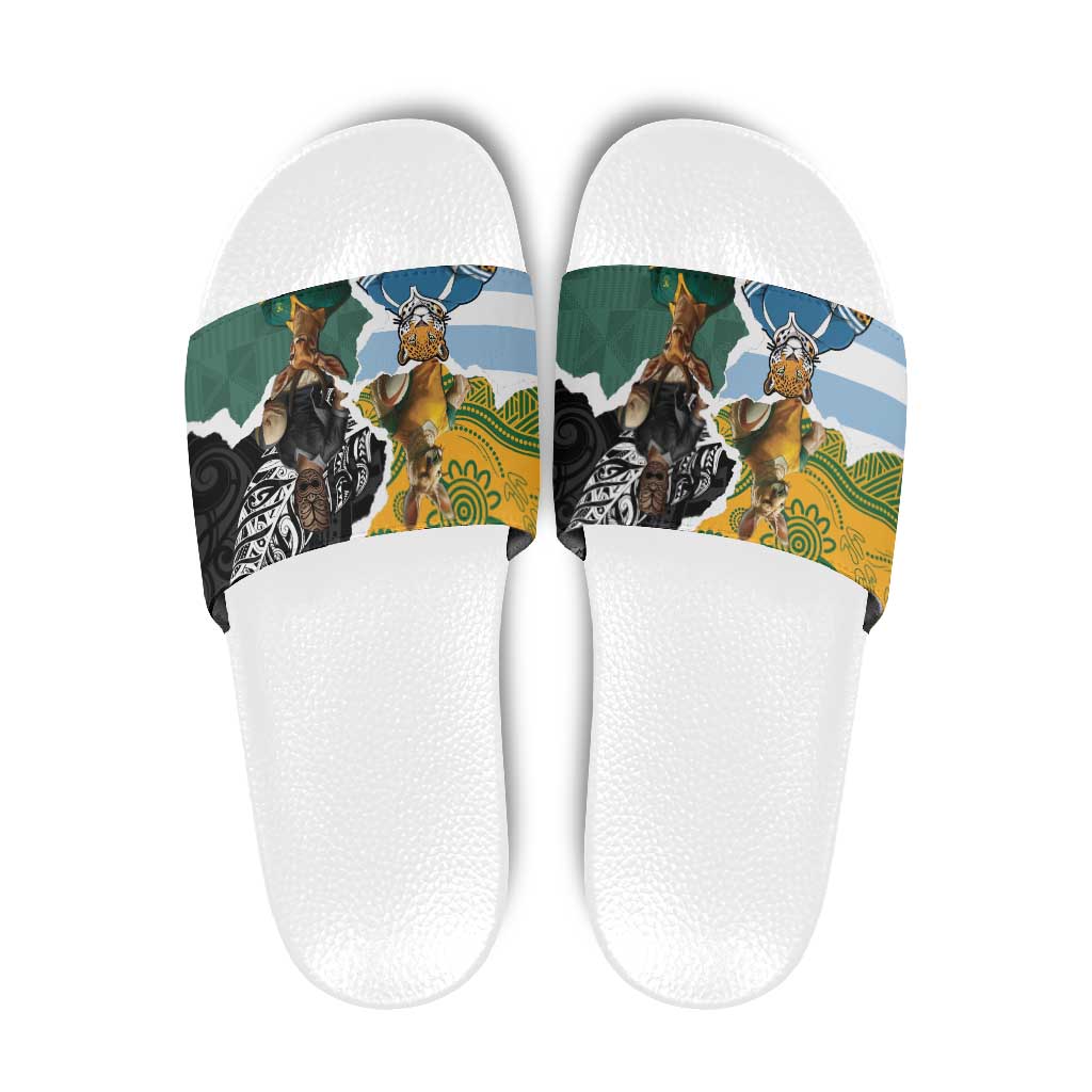 Rugby 2025 Championship Slide Sandals Southern Hemisphere Countries Mascots LT14 Black - Polynesian Pride
