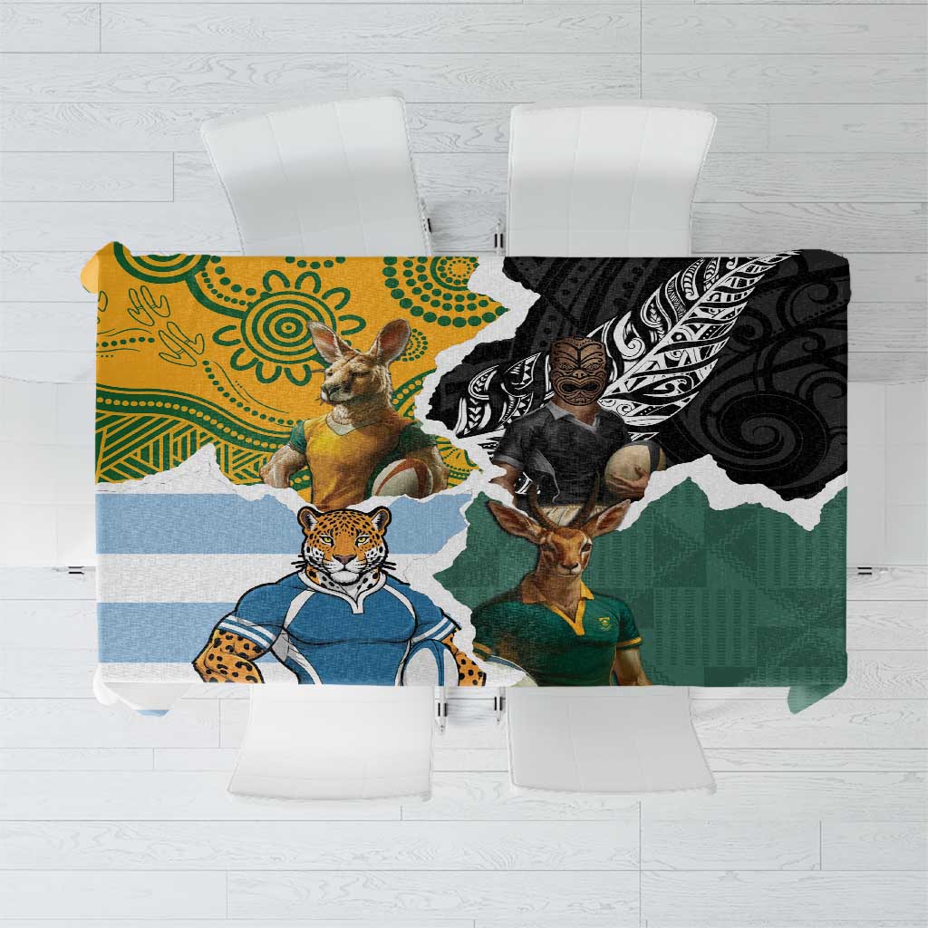 Rugby 2025 Championship Tablecloth Southern Hemisphere Countries Mascots LT14 Black - Polynesian Pride